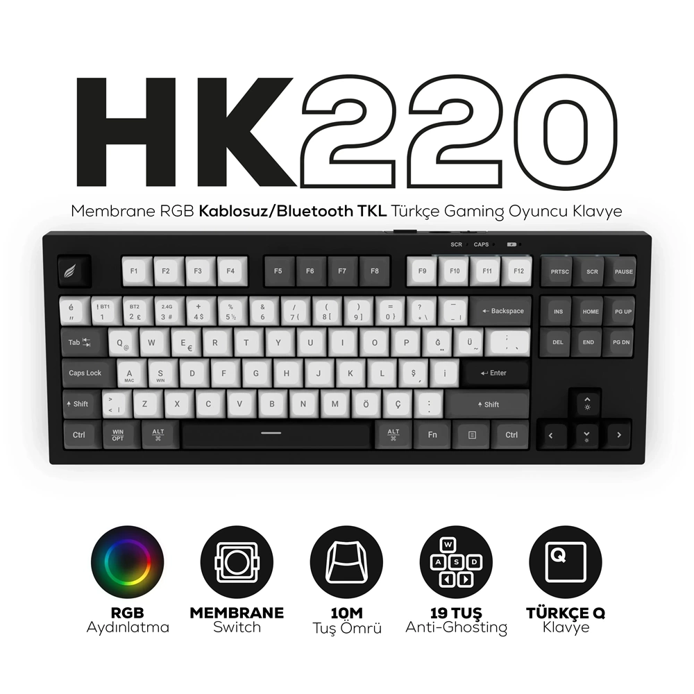 Hawk HK220 Membrane RGB Kablosuz/Bluetooth Siyah Beyaz TKL Türkçe Gaming Oyuncu Klavye