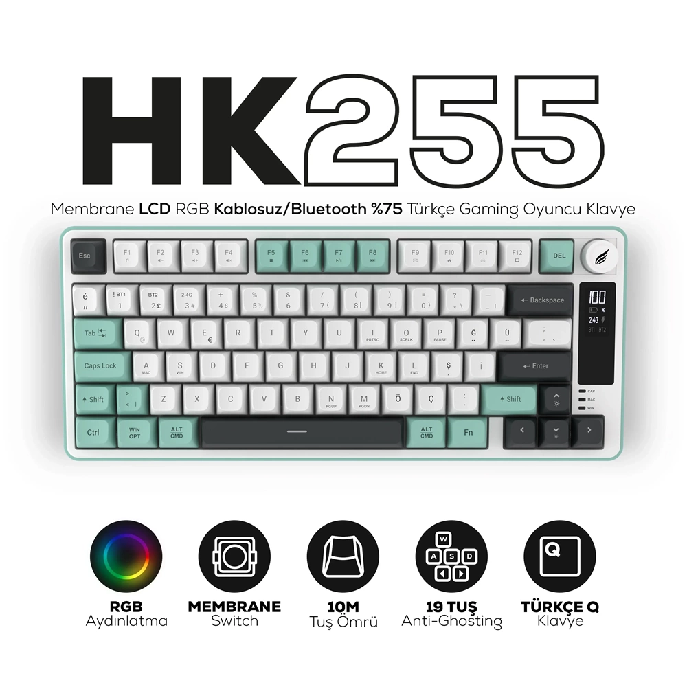 HAWK HK255 MEMBRANE LCD RGB KABLOSUZ/BLUETOOTH GRİ YEŞİL GAMİNG KLAVYE