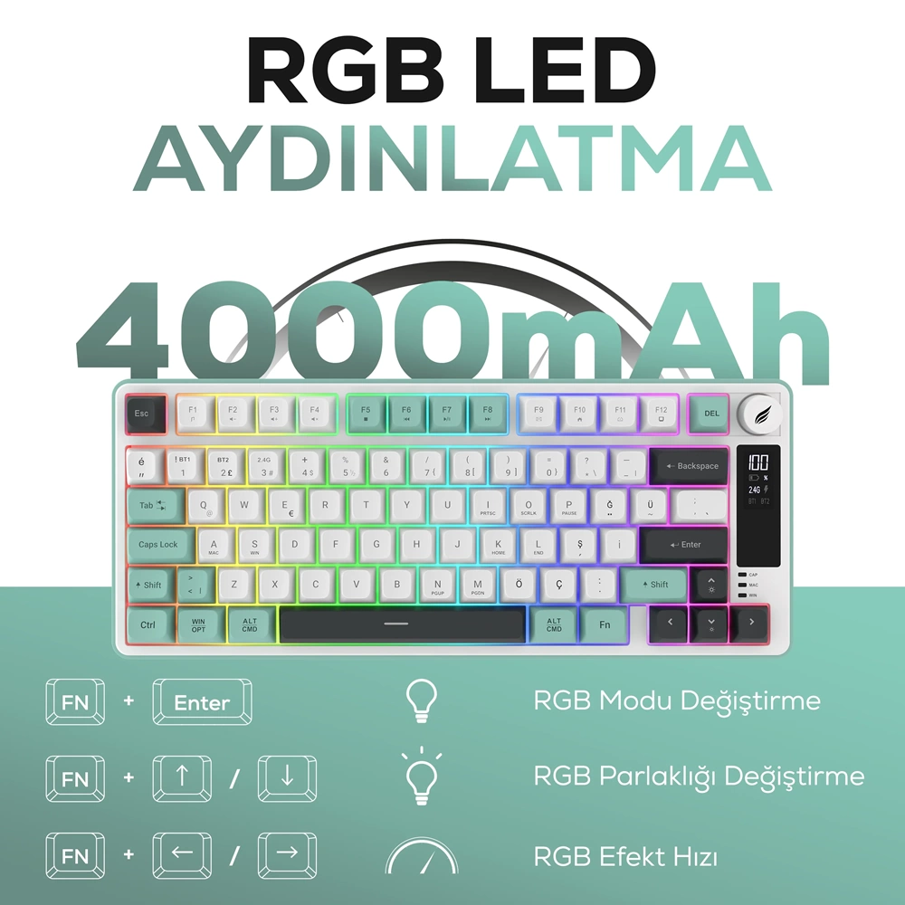 HAWK HK255 MEMBRANE LCD RGB KABLOSUZ/BLUETOOTH GRİ YEŞİL GAMİNG KLAVYE