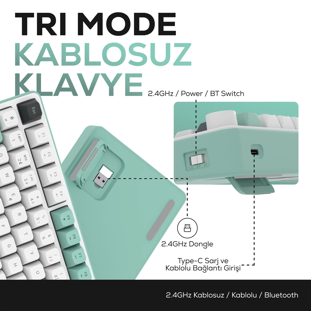 HAWK HK255 MEMBRANE LCD RGB KABLOSUZ/BLUETOOTH GRİ YEŞİL GAMİNG KLAVYE