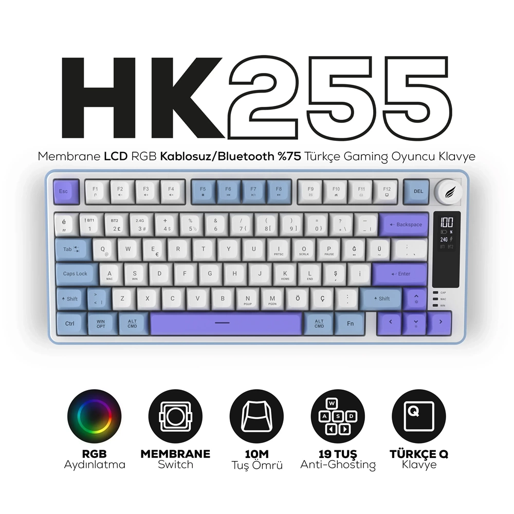 Hawk HK255 Membrane LCD RGB Kablosuz/Bluetooth Mavi Mor %75 Gaming Oyuncu Klavye