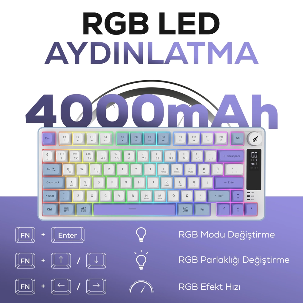 Hawk HK255 Membrane LCD RGB Kablosuz/Bluetooth Mavi Mor %75 Gaming Oyuncu Klavye