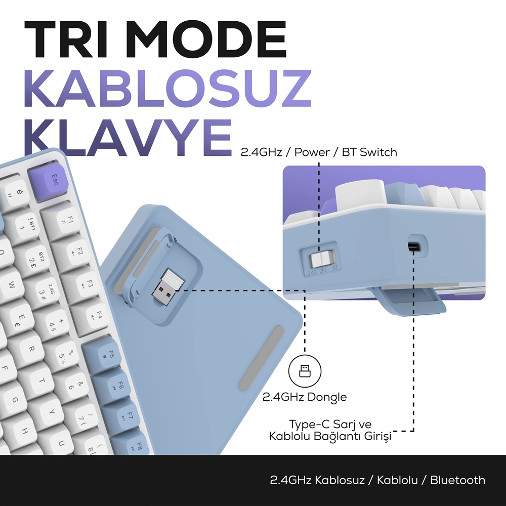 Hawk HK255 Membrane LCD RGB Kablosuz/Bluetooth Mavi Mor %75 Gaming Oyuncu Klavye