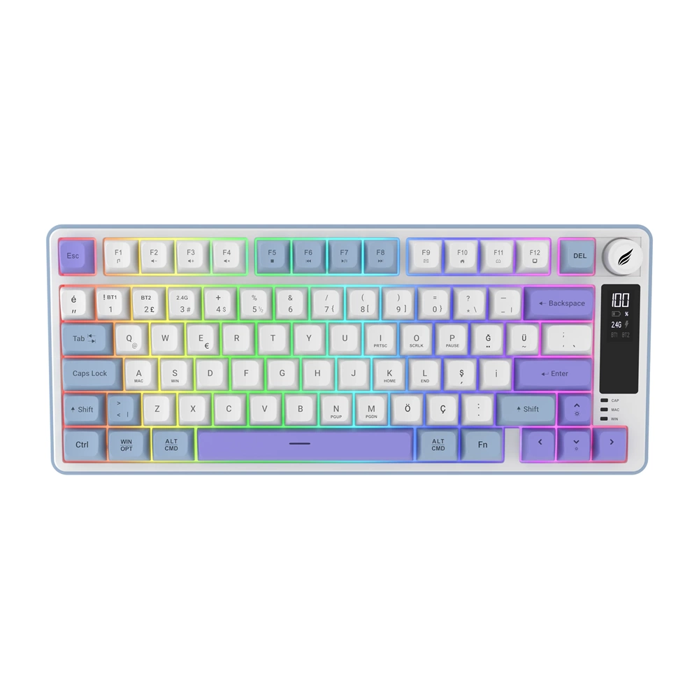 Hawk HK255 Membrane LCD RGB Kablosuz/Bluetooth Mavi Mor %75 Gaming Oyuncu Klavye