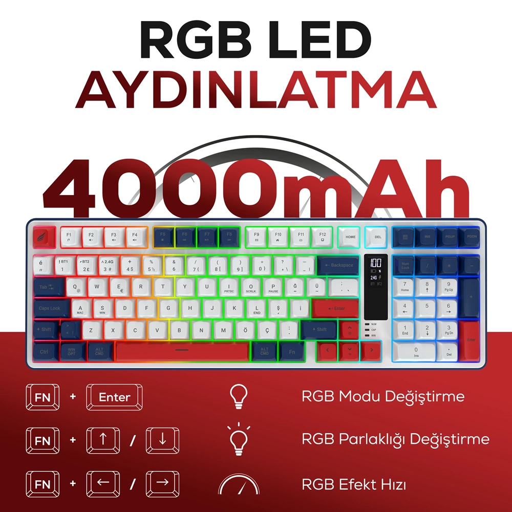 Hawk Gaming HK257 Membrane LCD RGB Kablosuz/Bluetooth Kırmızı Mavi Full Türkçe Gaming Klavye