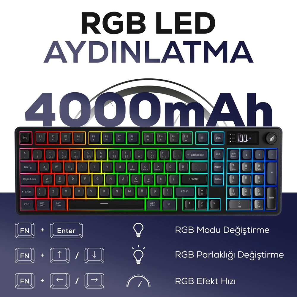 Hawk HK258 Membrane LCD RGB Kablosuz/Bluetooth Gri Mor Gaming Oyuncu Klavye