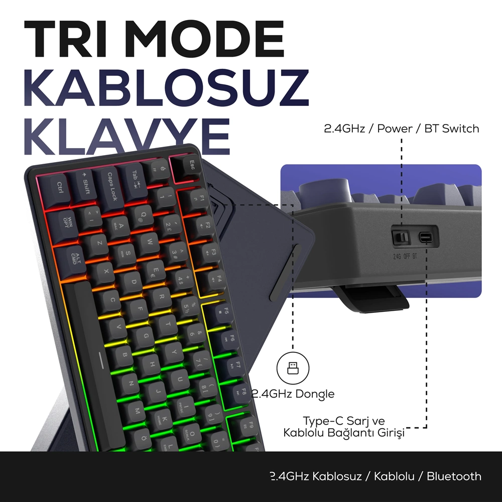 Hawk HK258 Membrane LCD RGB Kablosuz/Bluetooth Gri Mor Gaming Oyuncu Klavye