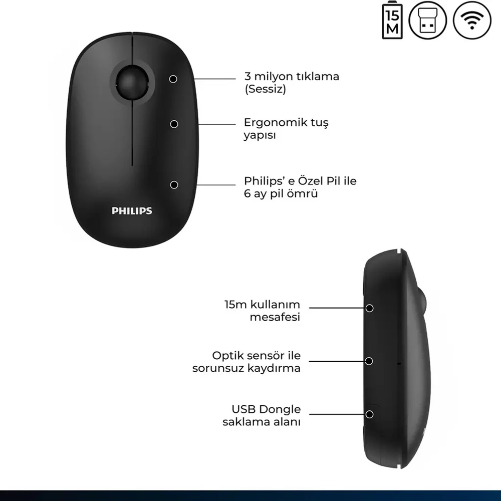 PHILIPS KABLOSUZ MOUSE SPK7378B SİYAH