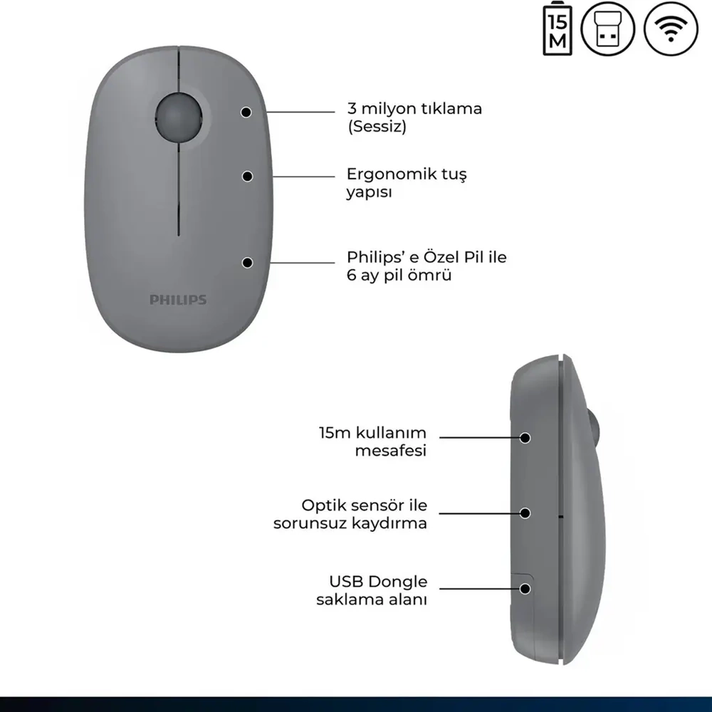 PHILIPS KABLOSUZ MOUSE SPK7378G GRİ