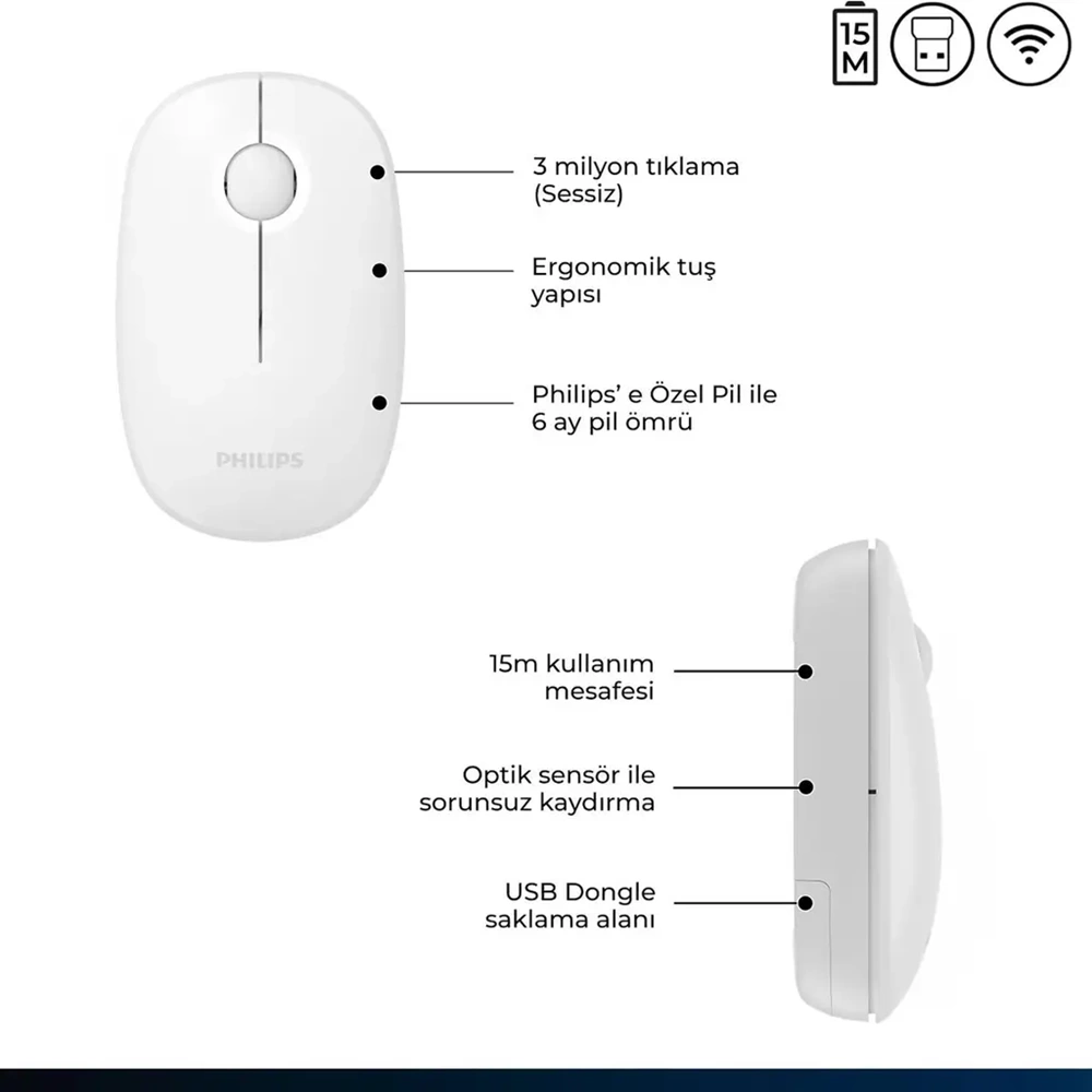 PHILIPS KABLOSUZ MOUSE SPK7378W BEYAZ