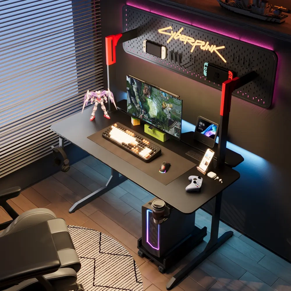Adax FOCUS Ergonomic with Pegboard & Charging Hub - Black Gaming Desk + PC Holder