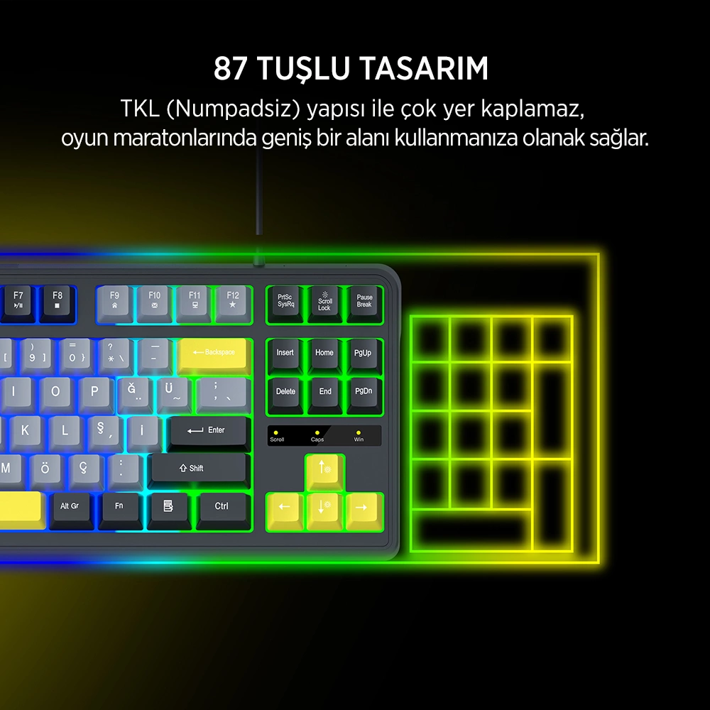 James Donkey JDK87 Rainbow Mekanik Hisli Membran Türkçe Q Gaming 87 Tuş Siyah Klavye