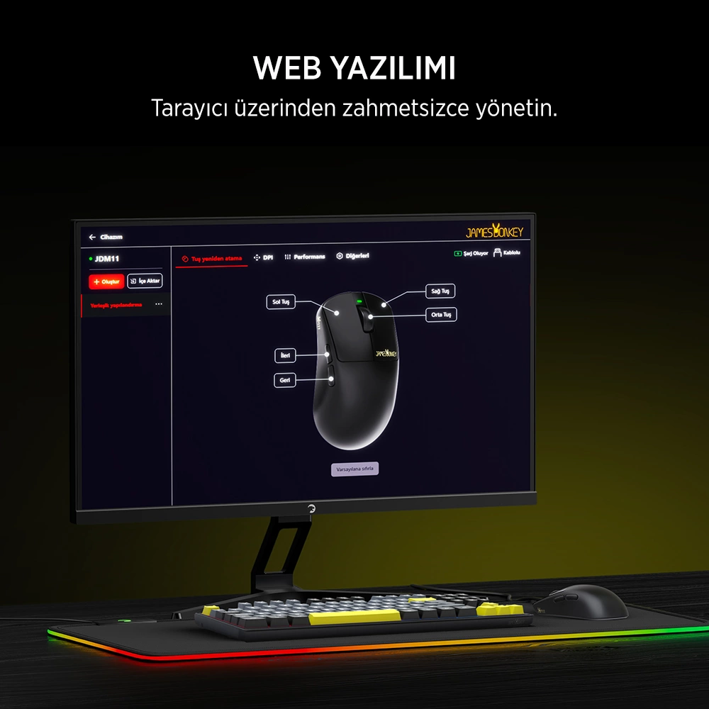 James Donkey JDM11 PAW3311 12.000DPI Triple Mode (Kablolu/Bluetooth/2.4G) Siyah Gaming Mouse