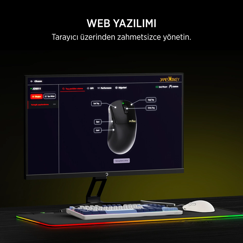 James Donkey JDM11 PAW3311 12.000DPI Triple Mode (Kablolu/Bluetooth/2.4G) Beyaz Gaming Mouse