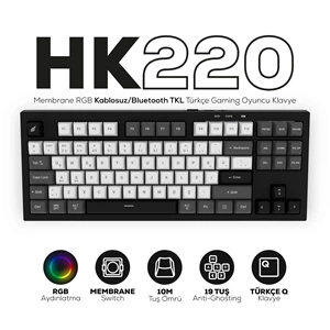 Hawk HK220 Membrane RGB Kablosuz/Bluetooth Siyah Beyaz TKL Türkçe Gaming Oyuncu Klavye