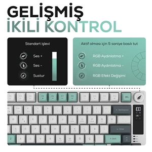 HAWK HK255 MEMBRANE LCD RGB KABLOSUZ/BLUETOOTH GRİ YEŞİL GAMİNG KLAVYE