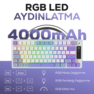 Hawk HK255 Membrane LCD RGB Kablosuz/Bluetooth Mavi Mor %75 Gaming Oyuncu Klavye