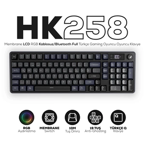 Hawk HK258 Membrane LCD RGB Kablosuz/Bluetooth Gri Mor Gaming Oyuncu Klavye