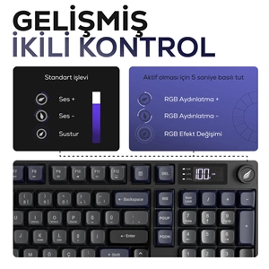 Hawk HK258 Membrane LCD RGB Kablosuz/Bluetooth Gri Mor Gaming Oyuncu Klavye