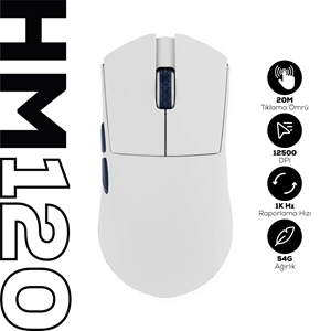 HAWK HM120 1K Hz 12500 DPI Tri-Mode Kablosuz/Bluetooth Beyaz Gaming Oyuncu Mouse