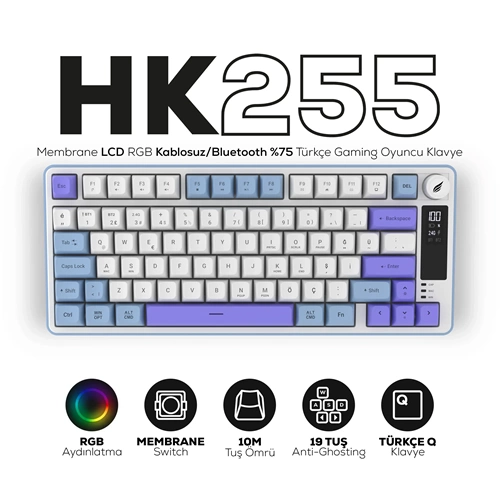 Hawk HK255 Membrane LCD RGB Kablosuz/Bluetooth Mavi Mor %75 Gaming Oyuncu Klavye