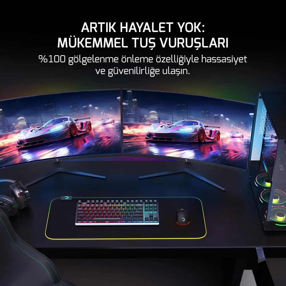 GamePower Eva 7 60M Mekanik Kablolu, 2.4Ghz, Bluetooth 3 Mod Red Switch Türkçe Q 88 Tuş USB RGB Gaming Klavye