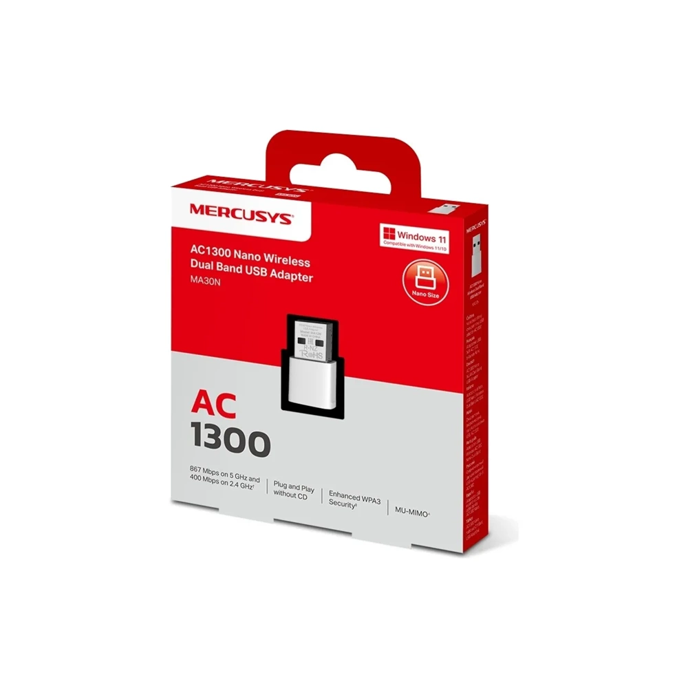 Mercusys MA30N AC1300 Mbps Dual-Band Wi-Fi 5 Nano USB Adaptör