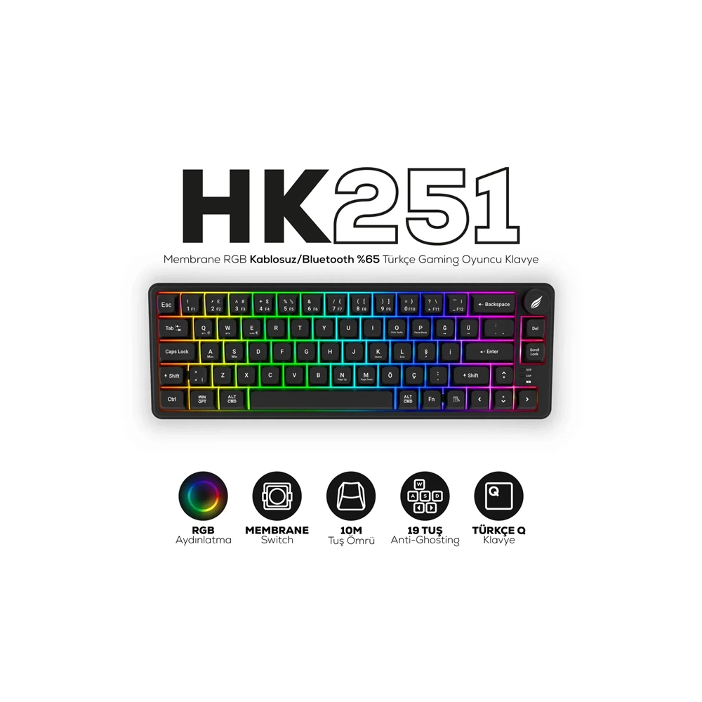 HAWK HK251B GAMING RGB MEMBRANE KABLOSUZ KLAVYE