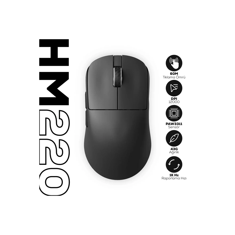 HAWK HM220 SİYAH 1K HZ 1200 DPI TRI-MODE KABLOSUZ GAMING MOUSE