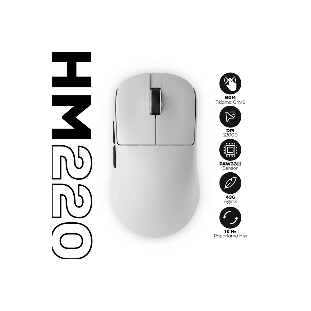 HAWK HM220 BEYAZ 1K HZ 12000 DPI TRI-MODE KABLOSUZ GAMING MOUSE