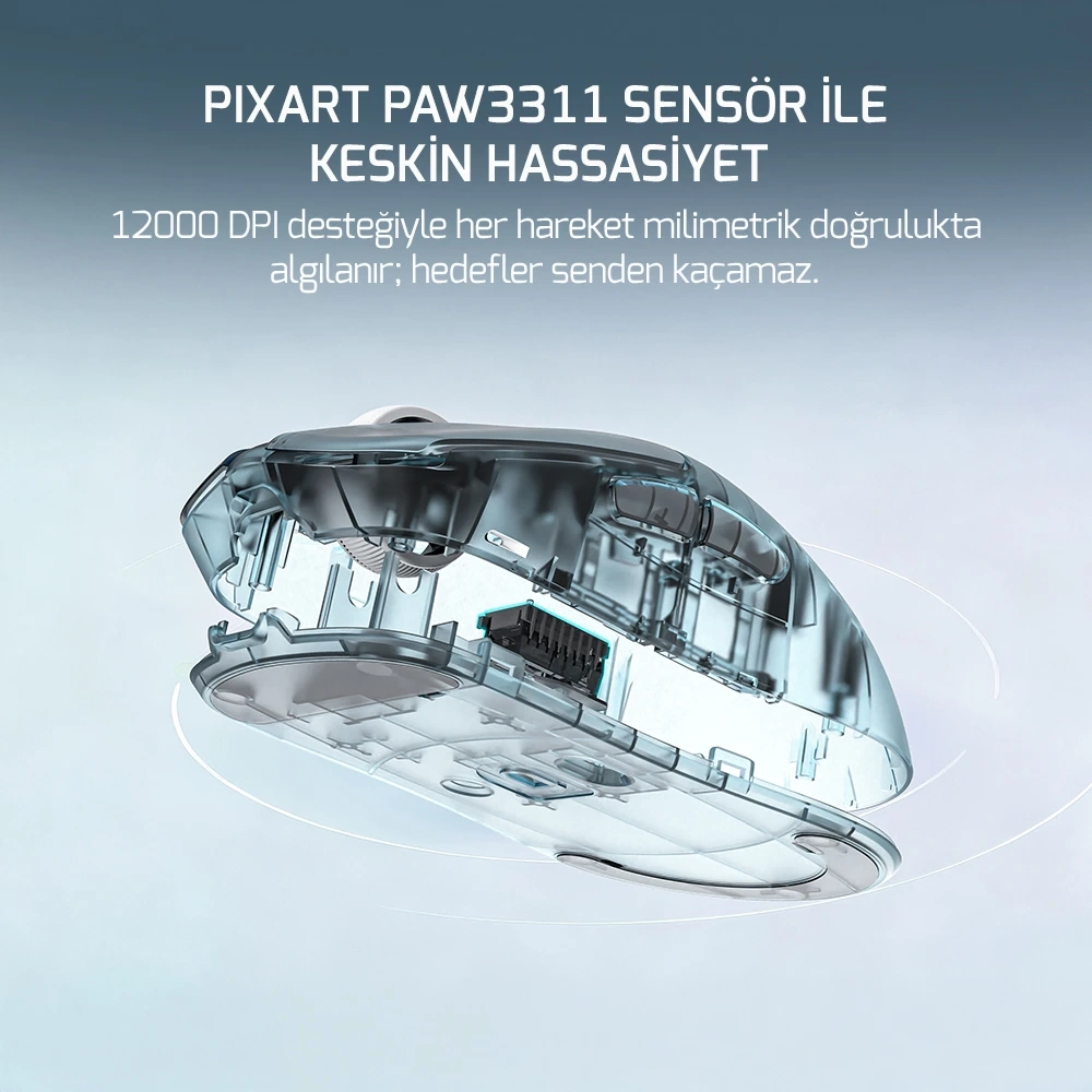 GamePower Radus 12.000DPI Triple Mode (Kablolu/Bluetooth/2.4G) Siyah Gaming Mouse