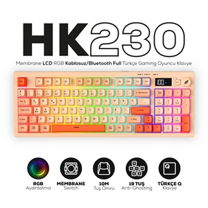 HAWK HK230P Membrane LCD RGB Kablosuz/Bluetooth Pembe Turuncu Oyuncu Klavye